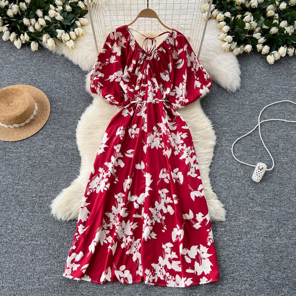 V-neck Pattern Printed Vintage Dress