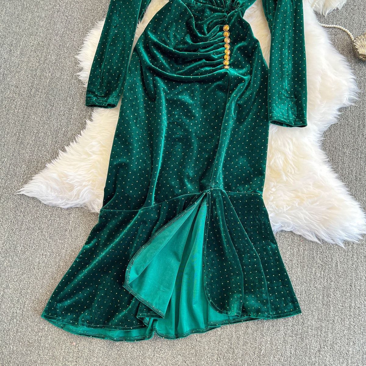 V-neck Beaded Fishtail Suede Dress