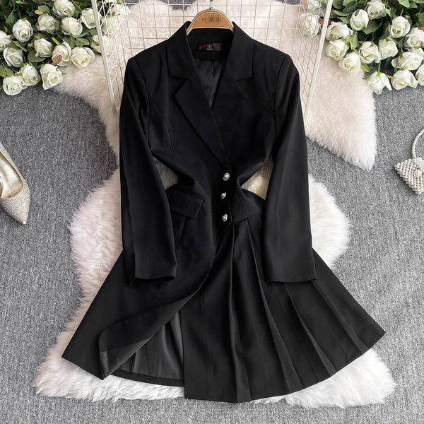 OL Outfit Pleated Black Suit Dress