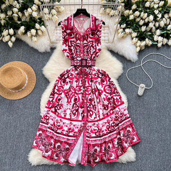 Courtly Sleeveless Lapeled Floral Dress
