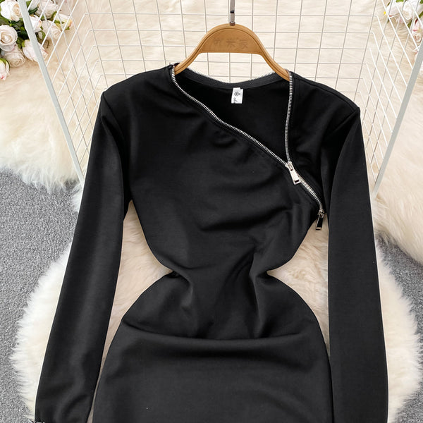 Slant Neckline Zipped Black Dress