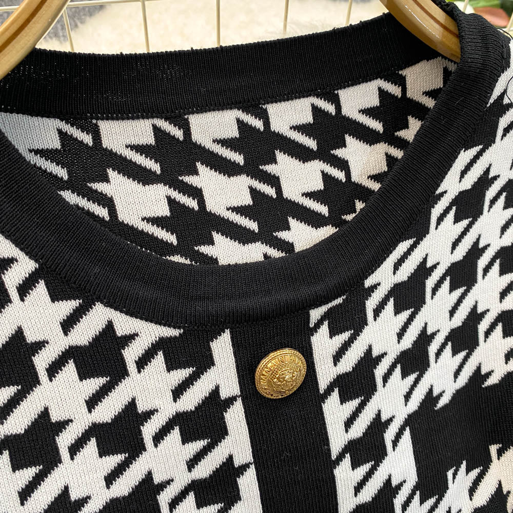 French Style Houndstooth Knitted Dress