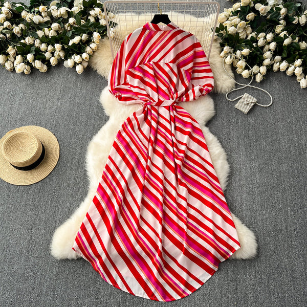 Colorful Slant Striped Shirt Dress