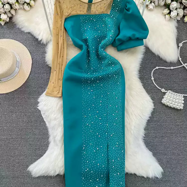 Irregular Design Beaded Mesh Patchwork Dress