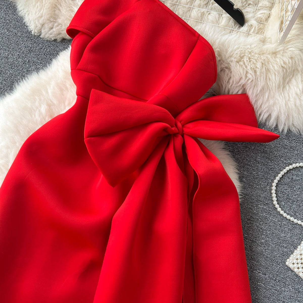 Slant Neckline Large Bow Dress