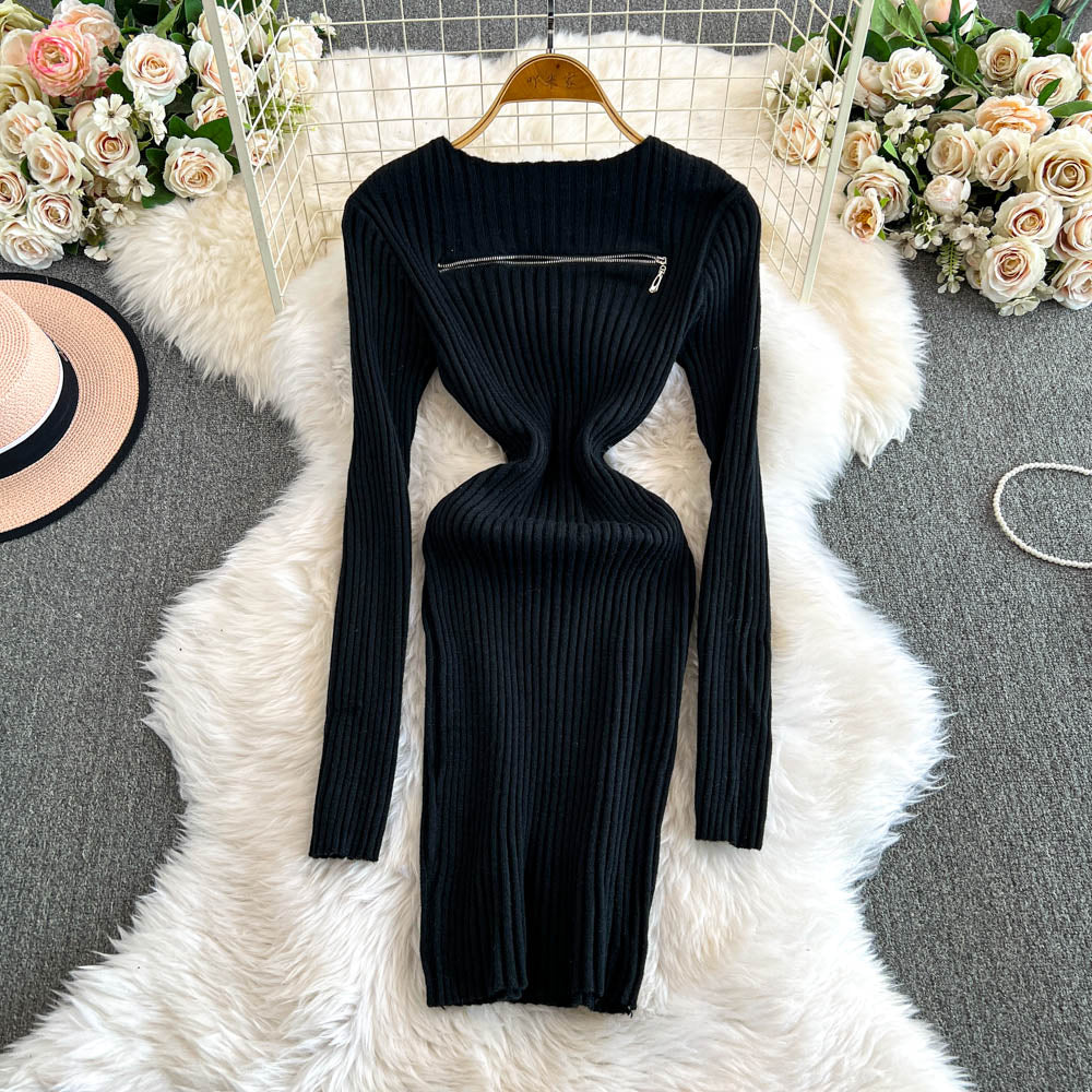 Niche Zipped Hip-wrapping Knit Dress