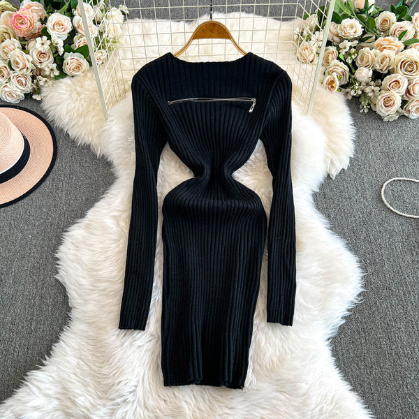 Niche Zipped Hip-wrapping Knit Dress