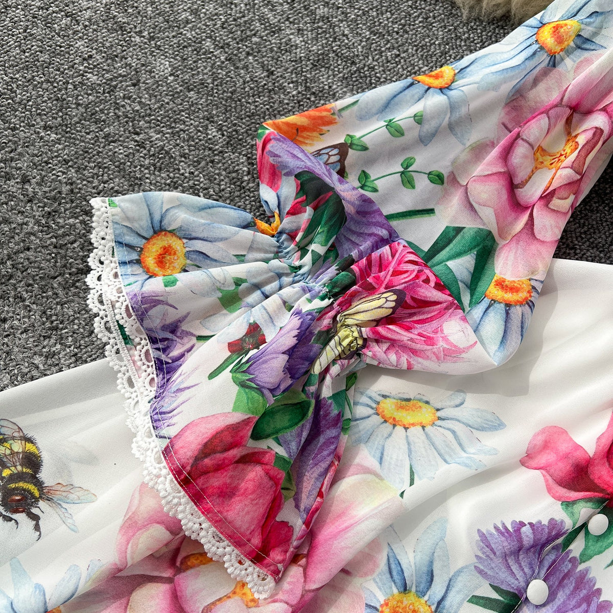 Deep V-neck Ruffled Floral Dress