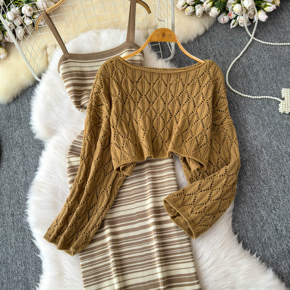 Striped Slip Dress&Hollowed Sweater 2Pcs