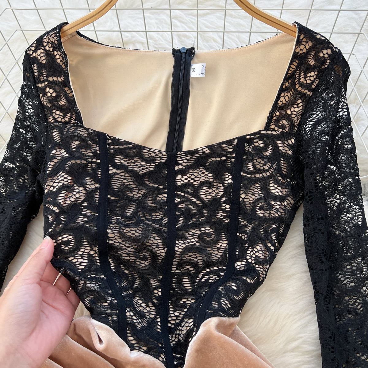 Square Neckline Black Embroidered Lace dress
