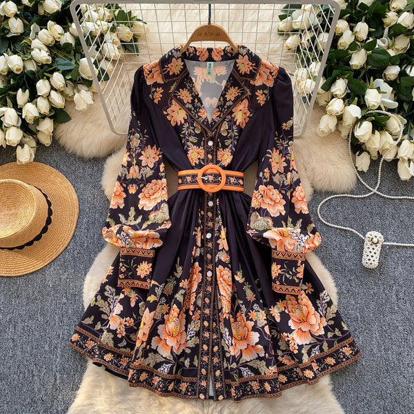 Suit Collar Printed V-neck Shirt Dress