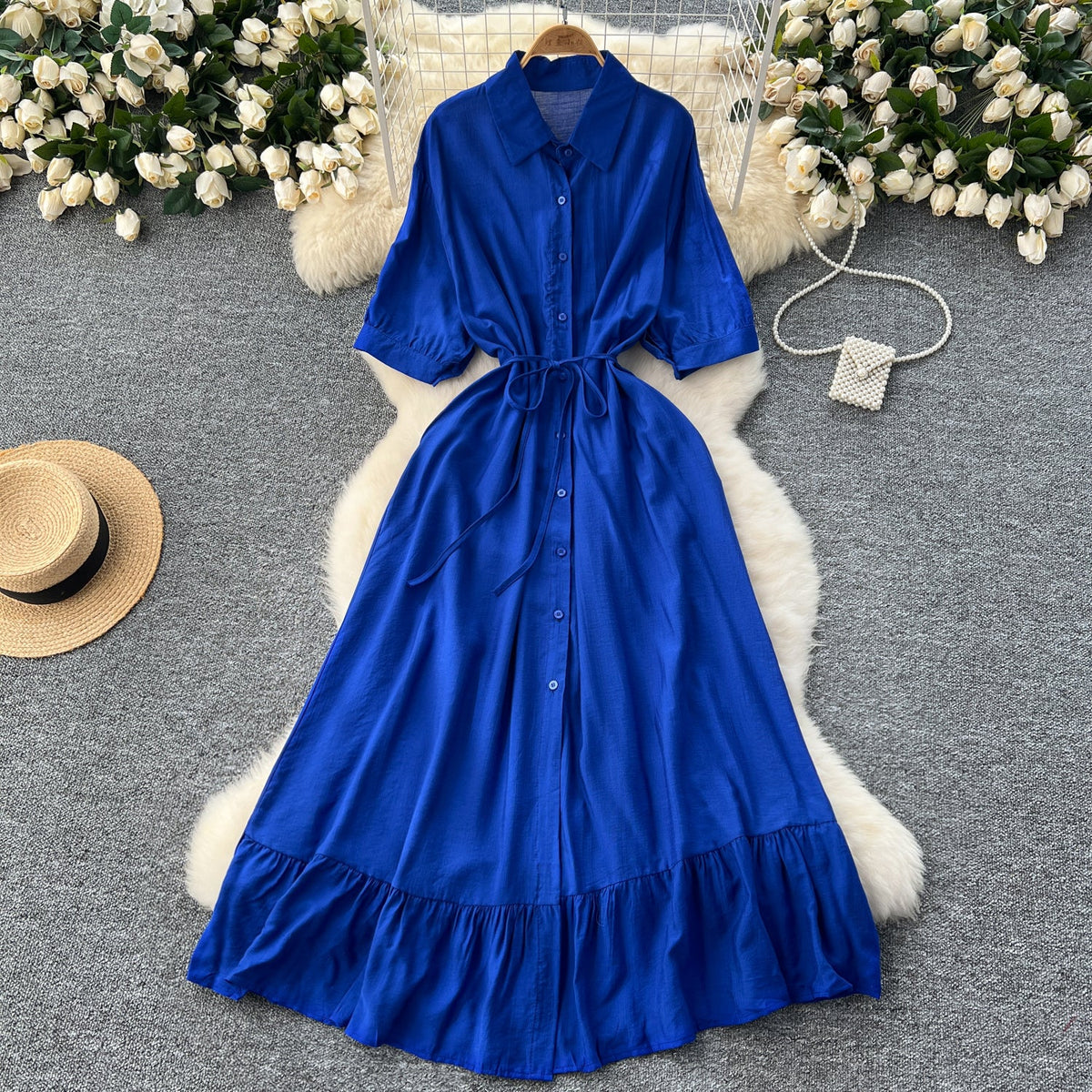Vintage Solid Color Ruffled Shirt Dress