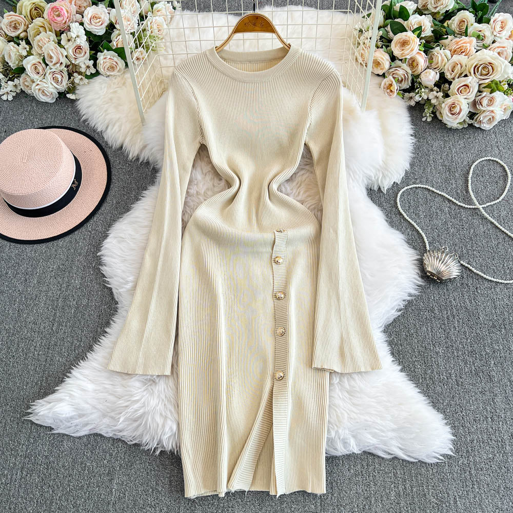 Round Collar Split Stretchy Knitted Dress