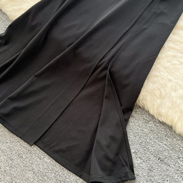 High-end Ruffled Neckline Black Dress