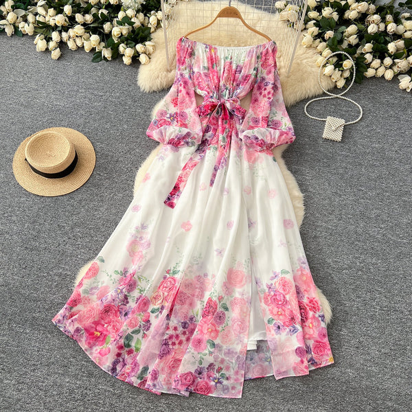 Off-shoulder Lace-up Floral Chiffon Dress