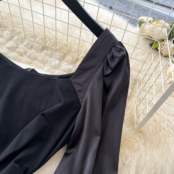 Square Neckline Patchwork Black Dress