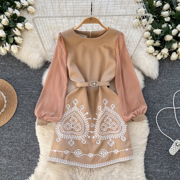Round Collar Embroidered Patchwork Dress
