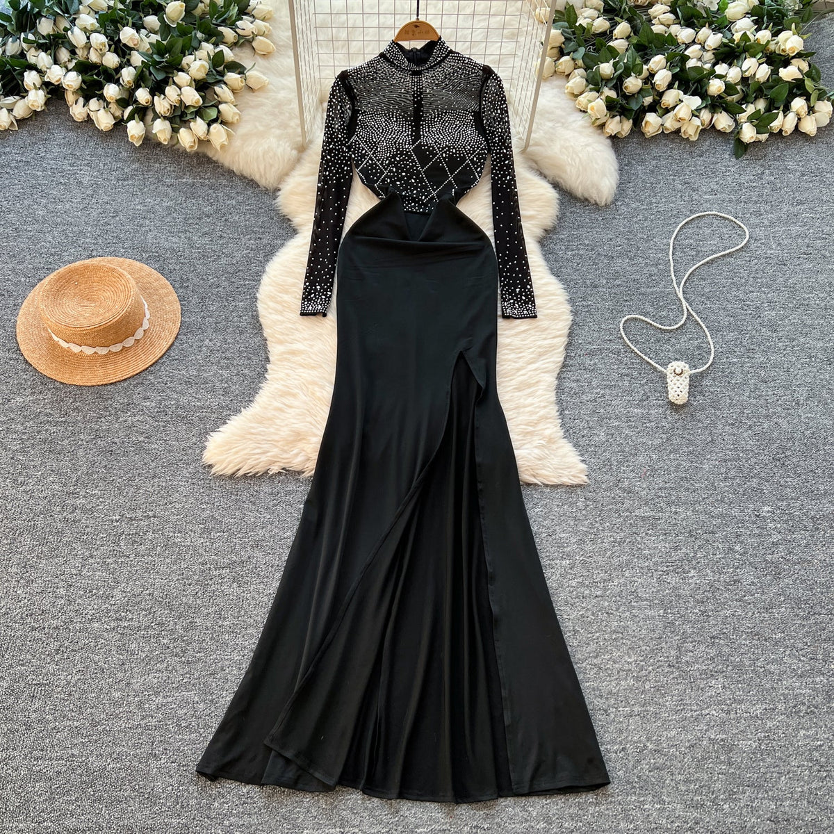 Rhinestone Studded Turtleneck Black Dress