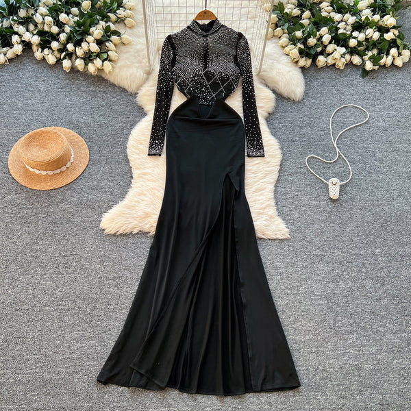 Rhinestone Studded Turtleneck Black Dress