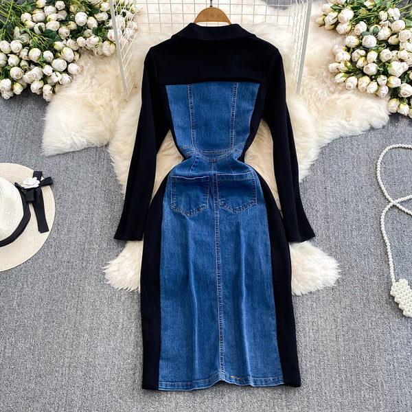 V-neck Denim Patchwork Black Dress
