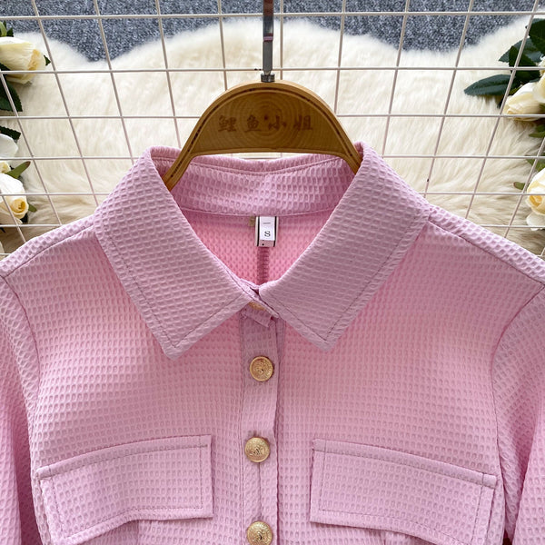 Vintage Lapeled Pleated Shirt Dress