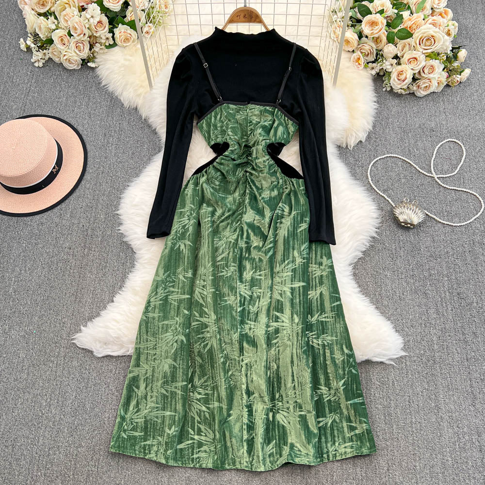 Bamboo Printed Slip Dress&Sweater 2Pcs