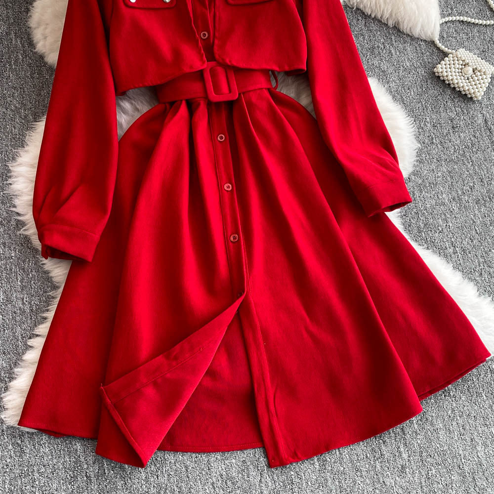 Faux Two-pieces Shirt Dress with Belt