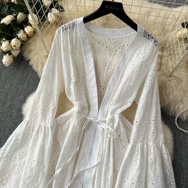 Hollowed Embroidered White Cardigan Dress