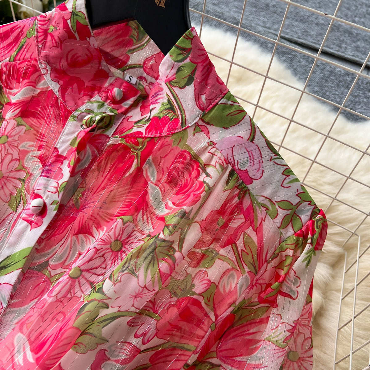 French Style Floral Chiffon Shirt Dress