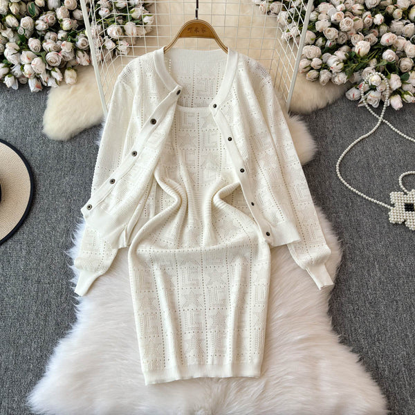 Cardigan&Slip Dress Printed Knit 2Pcs
