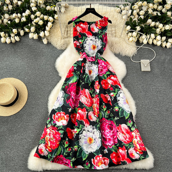 Round Collar Sleeveless Floral Dress