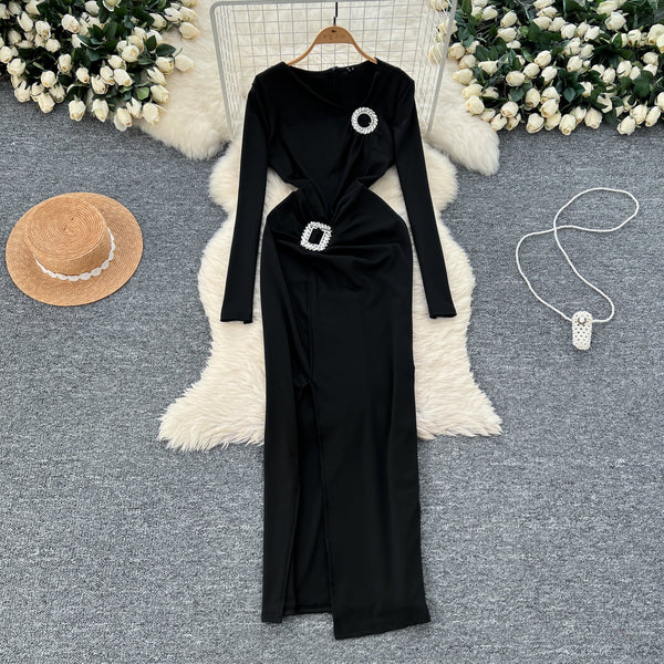 Slant Neckline Rhinestone Studded Party Dress