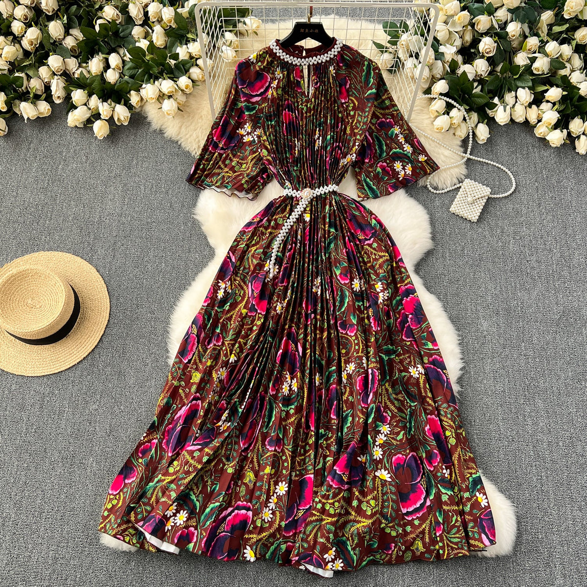 Beaded Crew Neck Printed Dress