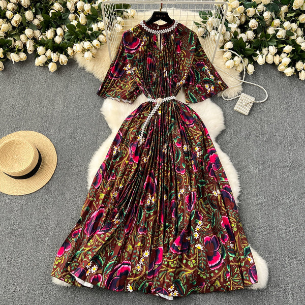 Beaded Crew Neck Printed Dress
