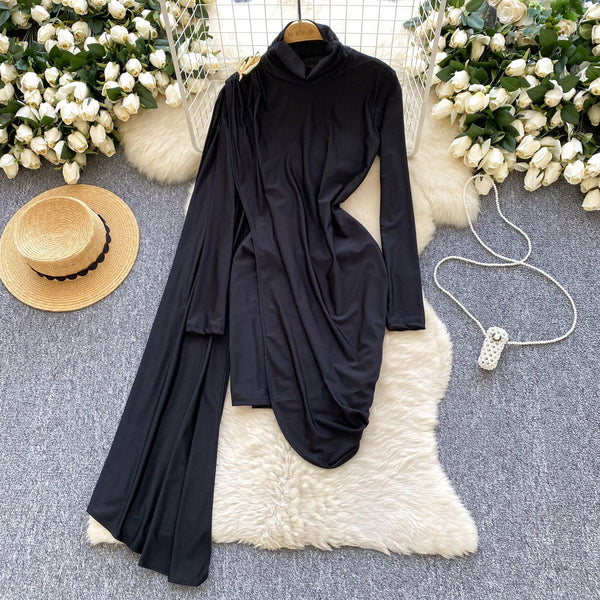 Irregular Design Turtleneck Dress with Ribbon