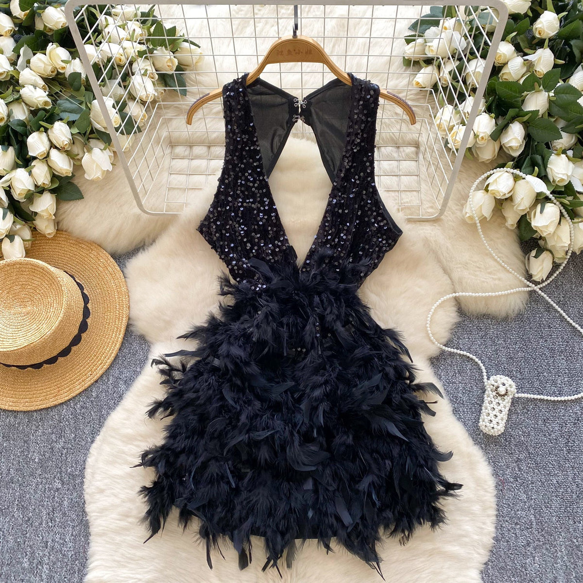 Hollowed Deep V-neck Sequined Dress