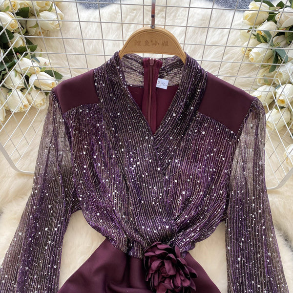 Sequined Mesh Patchwork Satin Dress