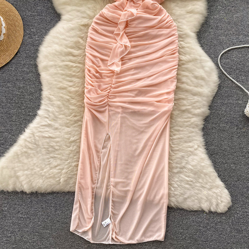 Off-shoulder Ruffled Fairy Pink Dress