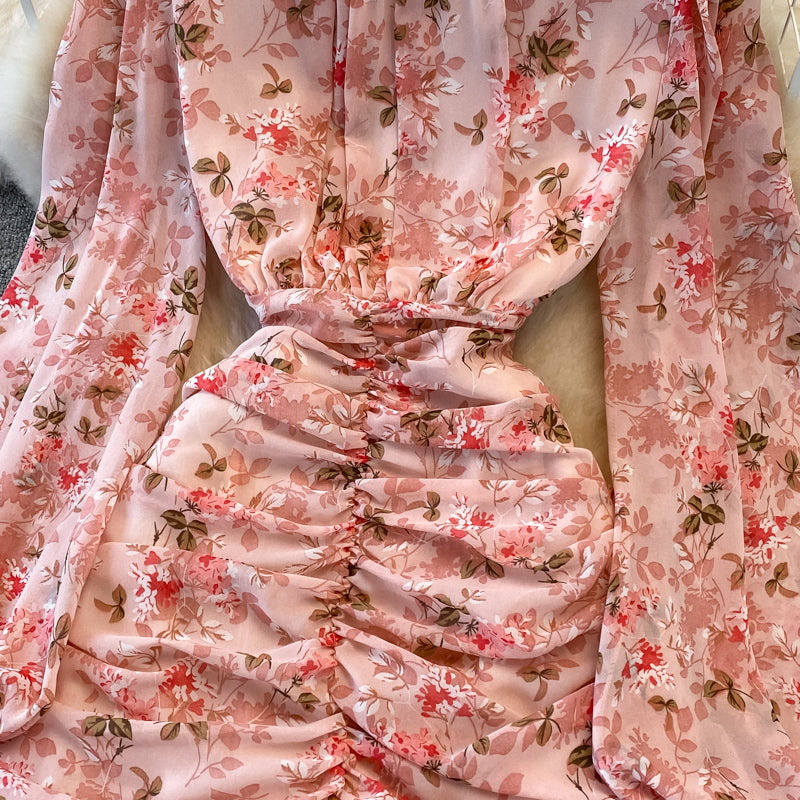 Elegant Round Collar Floral Chiffon Dress