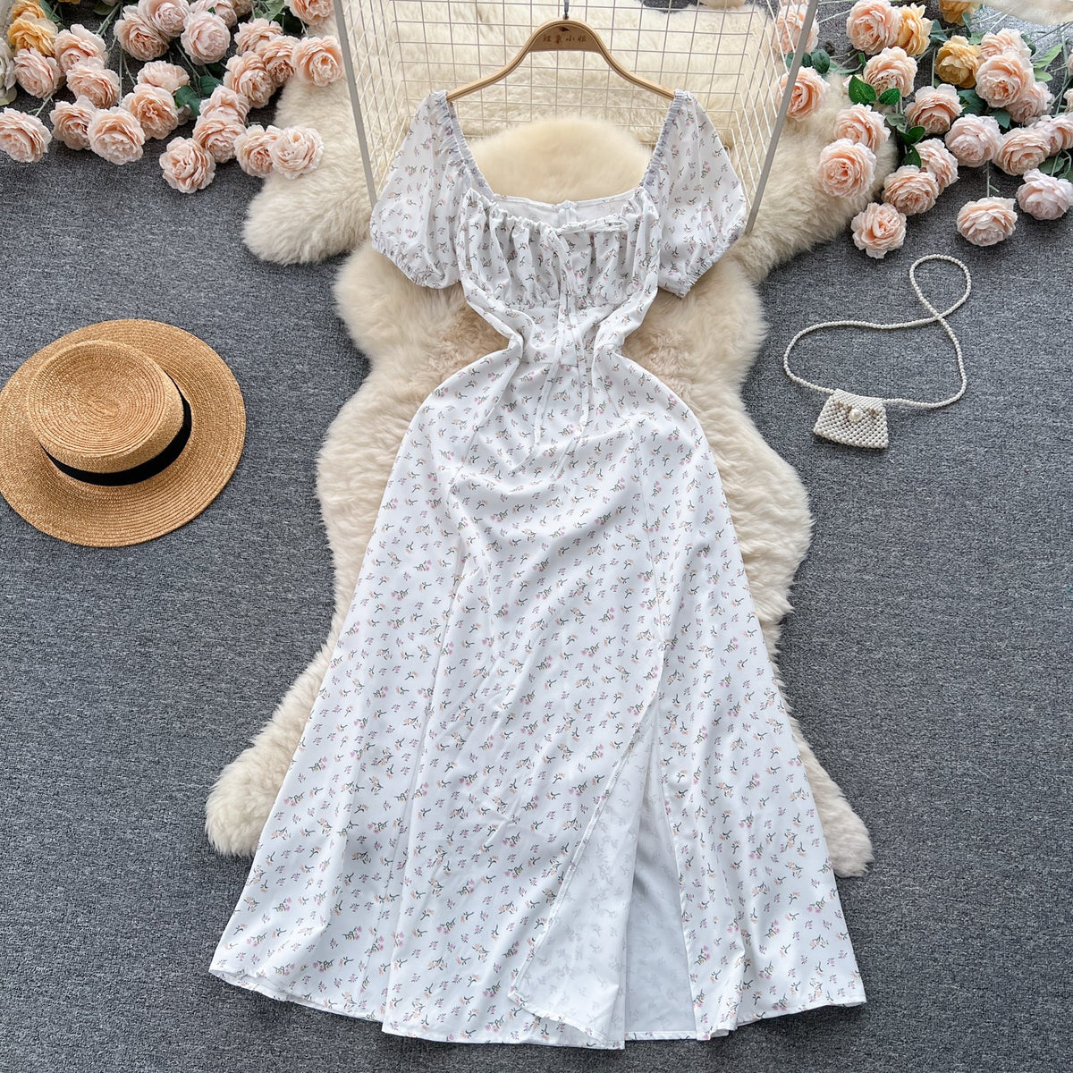 Ruffled Neckline Floral Split Dress