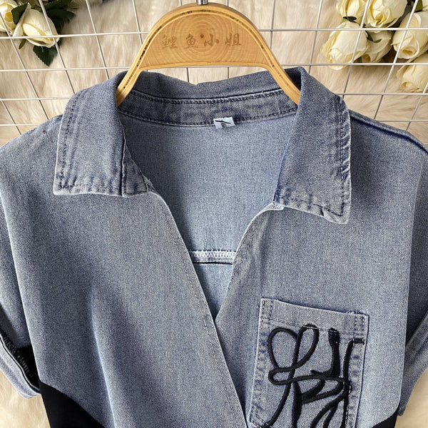 Ethnic Embroidered Lapeled Denim Dress