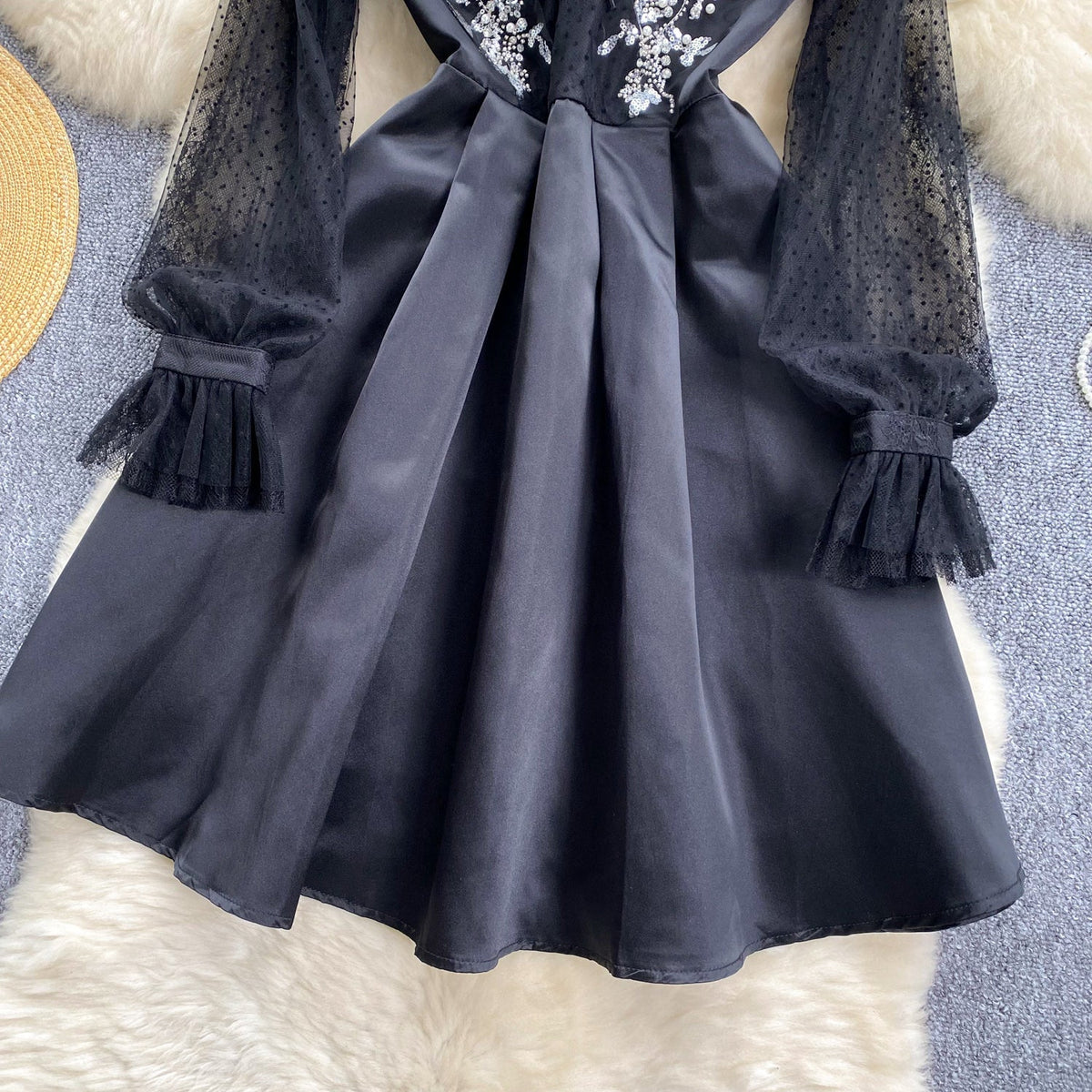 Beaded Mesh Embroidered Black Dress