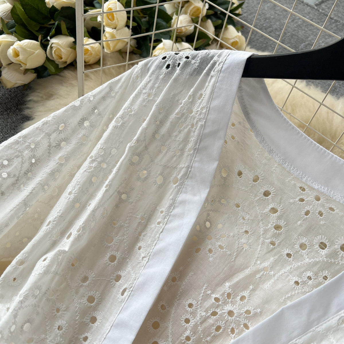 Hollowed Embroidered White Cardigan Dress