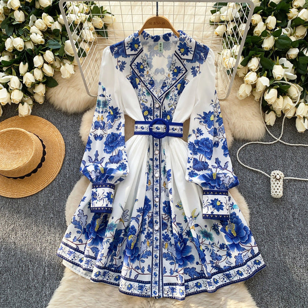 Suit Collar Printed V-neck Shirt Dress