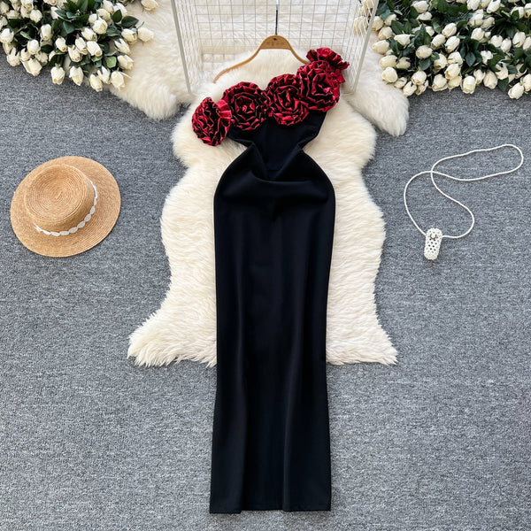 Slant 3D Rose Neckline Black Dress
