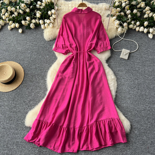 Vintage Solid Color Ruffled Shirt Dress