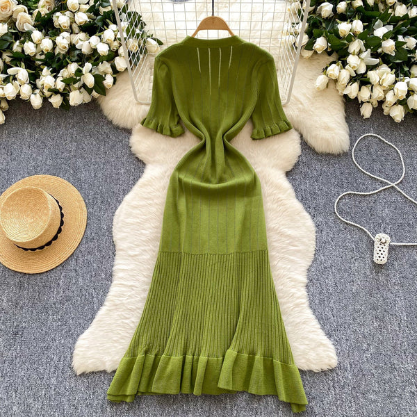 French Style V-neck Knit Shirt Dress