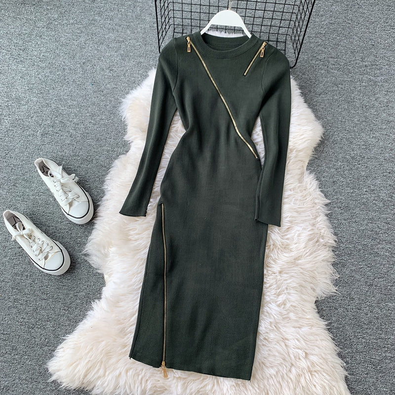 Niche Zipped Patchwork Knitted Dress