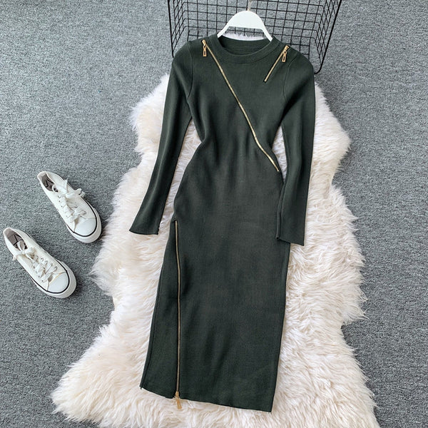 Niche Zipped Patchwork Knitted Dress