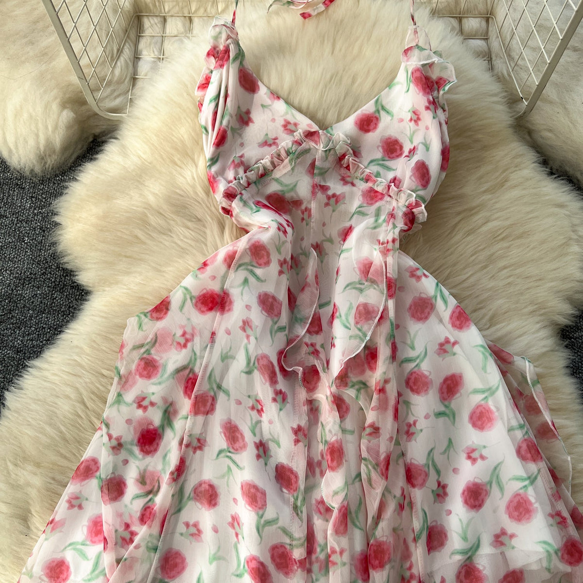 Irregular Design Fairy Floral Halter Dress